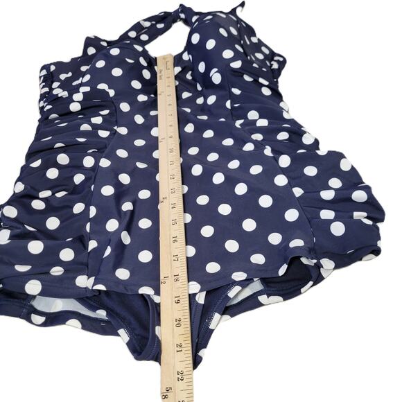 Unique Vintage Navy & White Polka Dot Corinne Halter Sheath Swimsuit 1X NWT - Picture 12 of 13